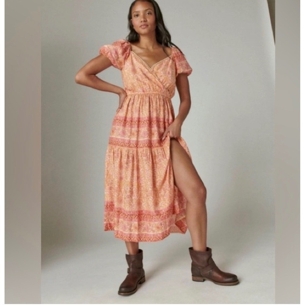 Lucky Brand Dress Small Orange Pink Paisley Midi Puff Sleeve Boho Surplice